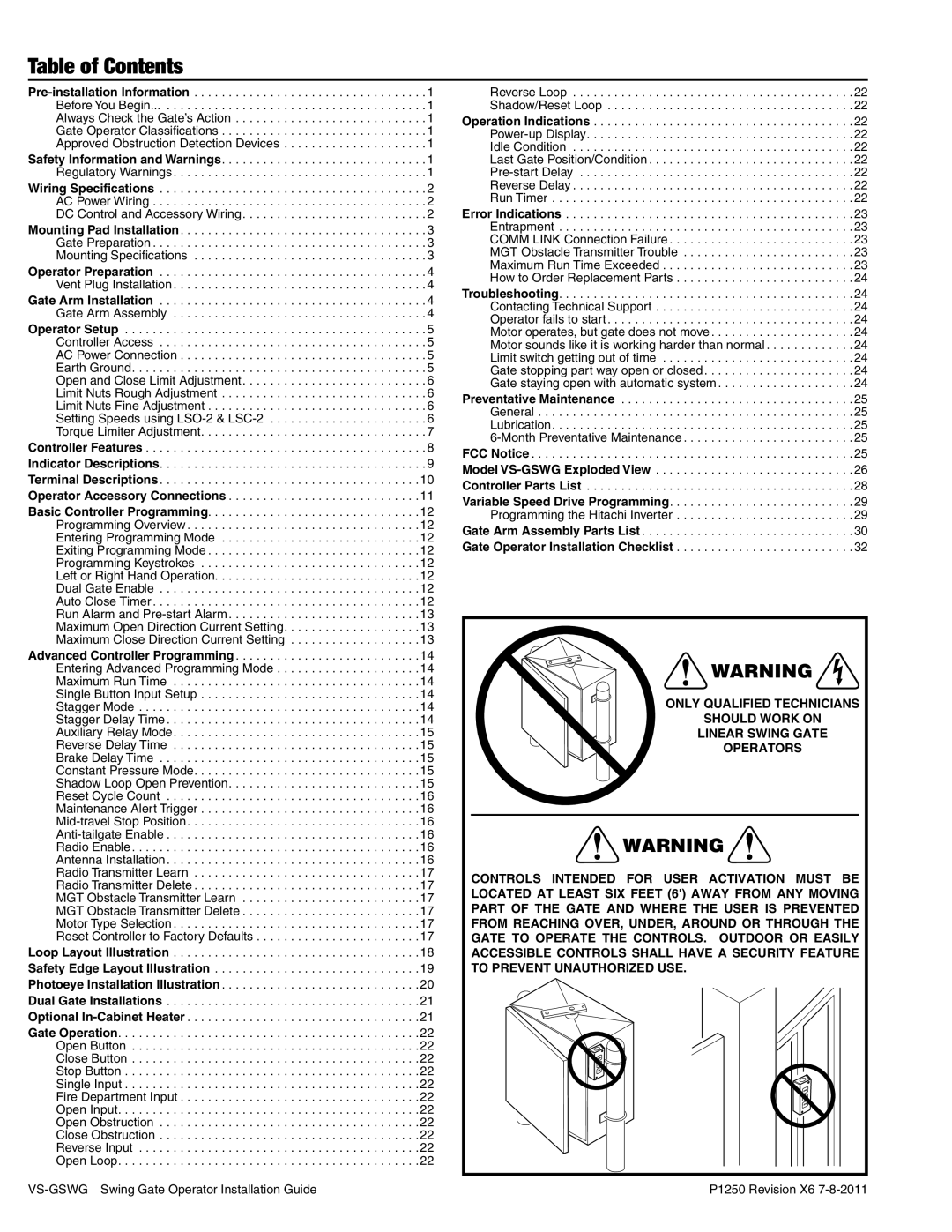 Linear VS-GSWG manual Table of Contents 