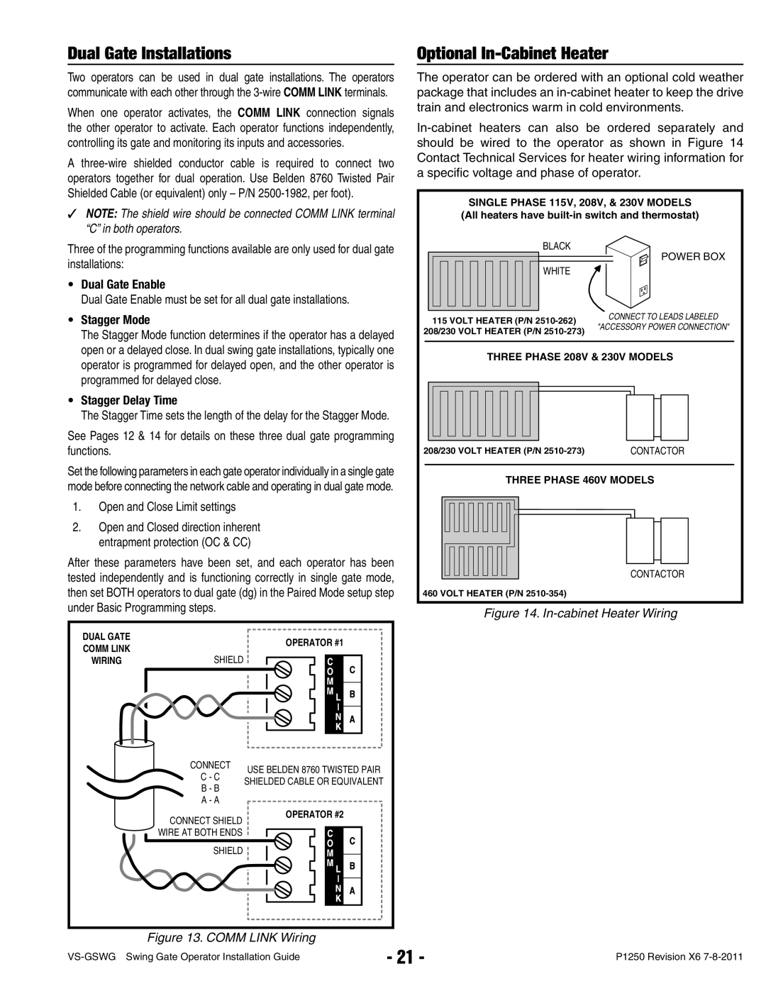 Linear VS-GSWG manual Dual Gate Installations, Optional In-Cabinet Heater, Open and Close Limit settings 