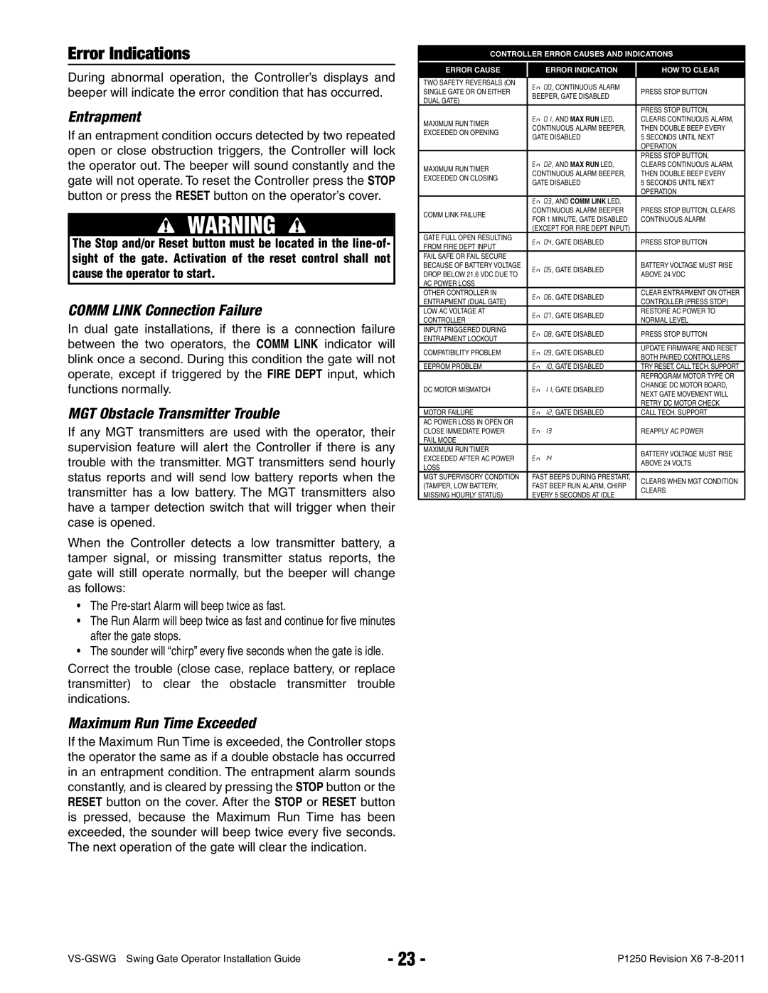 Linear VS-GSWG manual Error Indications, Entrapment, Comm Link Connection Failure, MGT Obstacle Transmitter Trouble 