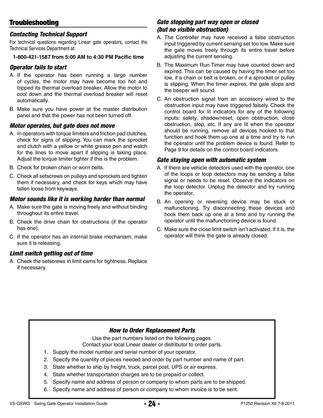 Linear VS-GSWG manual Troubleshooting 