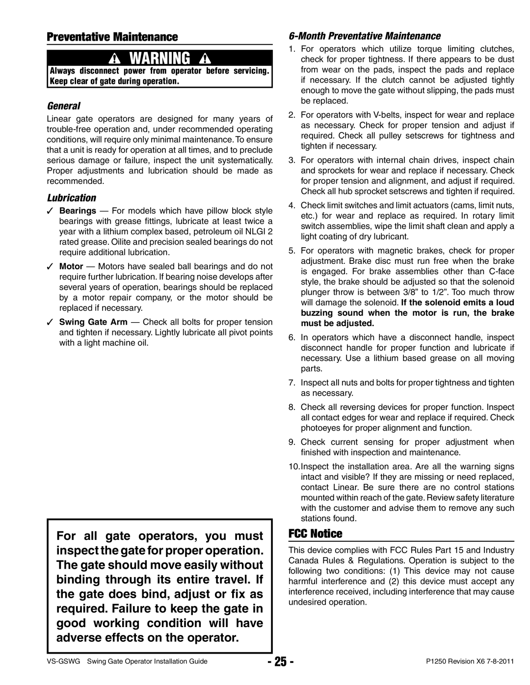 Linear VS-GSWG manual FCC Notice, General, Lubrication, Month Preventative Maintenance 