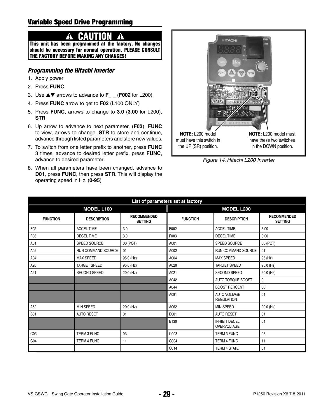 Linear VS-GSWG manual Variable Speed Drive Programming, Programming the Hitachi Inverter 