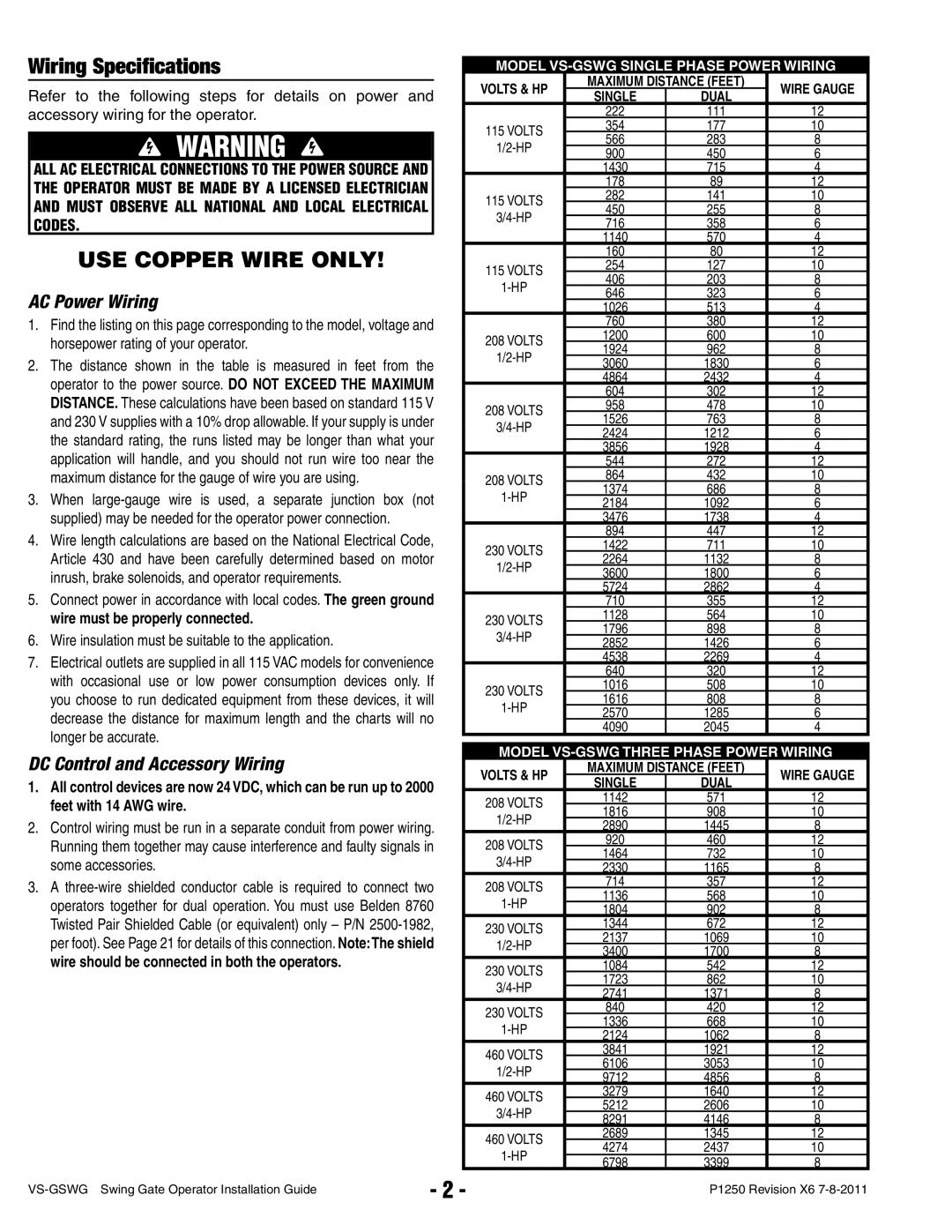 Linear VS-GSWG manual Wiring Speciﬁcations, AC Power Wiring, DC Control and Accessory Wiring 