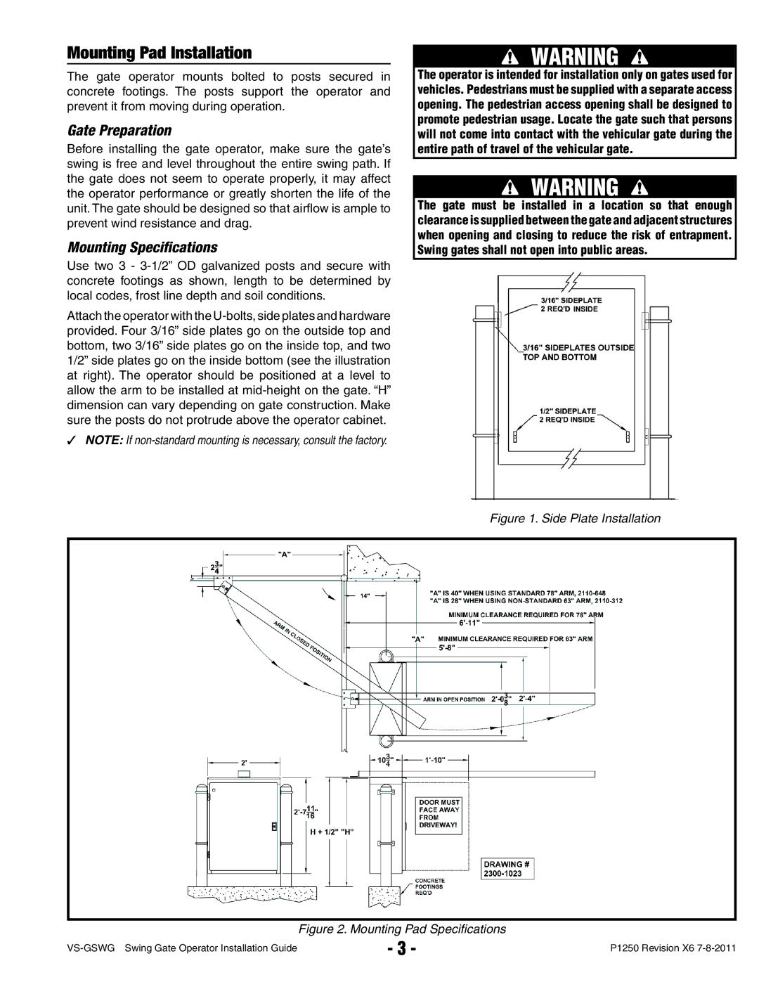 Linear VS-GSWG manual Mounting Pad Installation, Gate Preparation, Mounting Speciﬁcations 