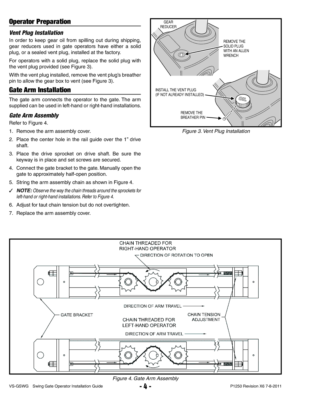 Linear VS-GSWG manual Operator Preparation, Gate Arm Installation, Vent Plug Installation, Gate Arm Assembly 