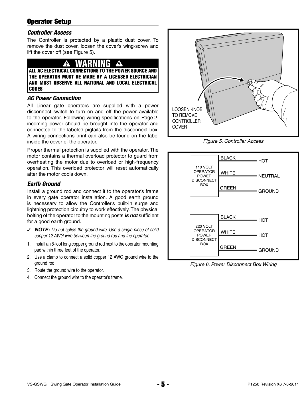 Linear VS-GSWG manual Operator Setup, Controller Access, AC Power Connection, Earth Ground 