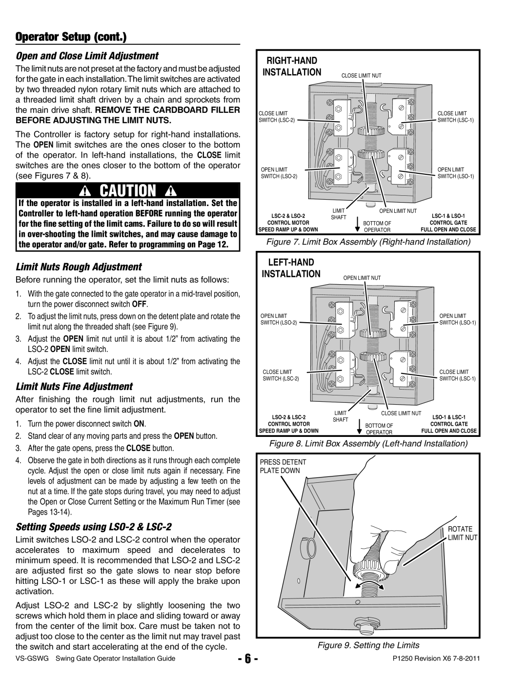 Linear VS-GSWG manual Open and Close Limit Adjustment, Limit Nuts Rough Adjustment, Limit Nuts Fine Adjustment 