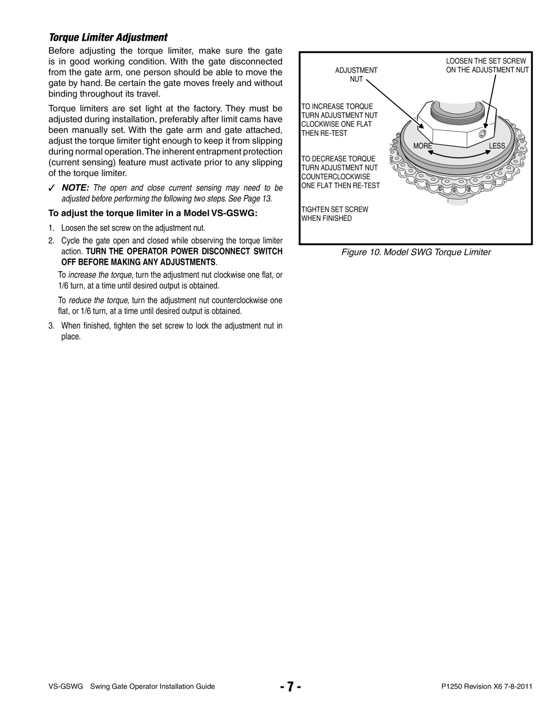 Linear VS-GSWG manual Torque Limiter Adjustment, Loosen the set screw on the adjustment nut 