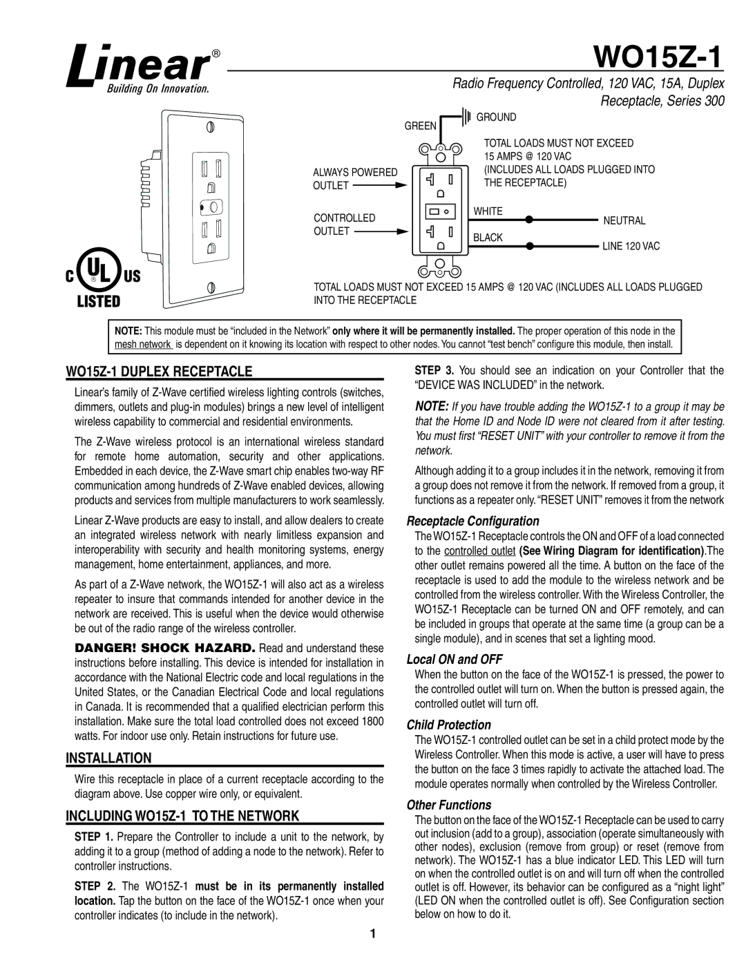 Linear manual WO15Z-1 Duplex Receptacle, Installation, Including WO15Z-1 to the Network 