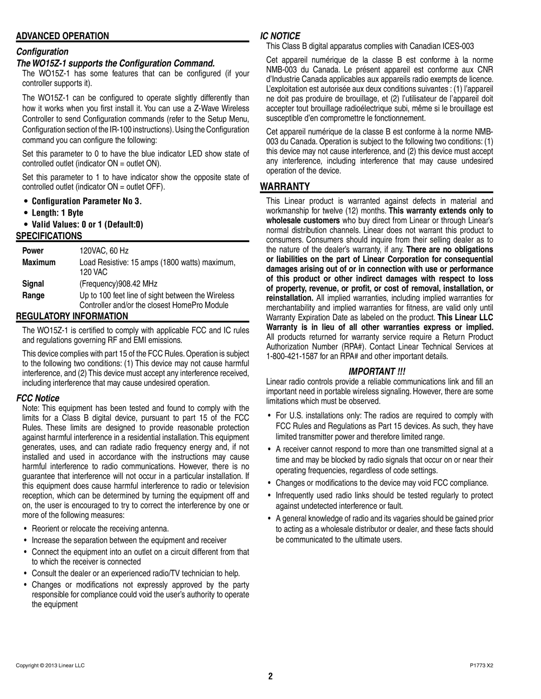 Linear WO15Z-1 manual Warranty, Conﬁguration, FCC Notice 