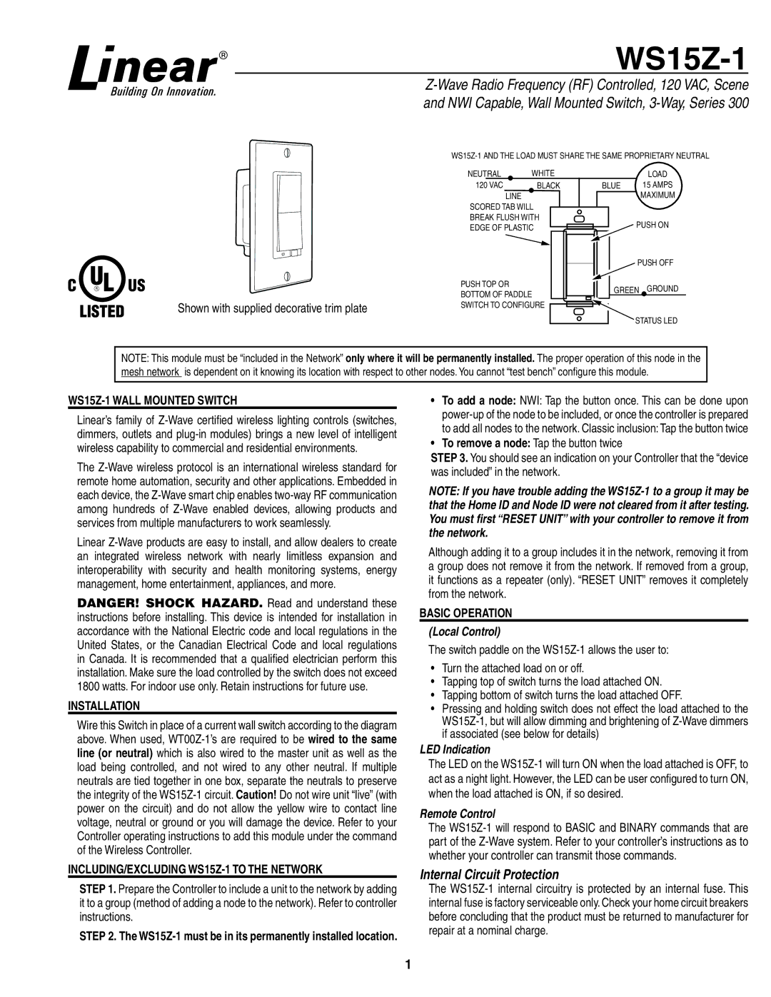 Linear WS15Z-1 manual Local Control, LED Indication, Remote Control 