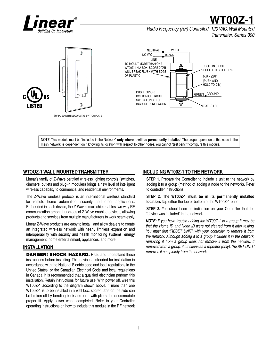 Linear wt00z-1 manual WT00Z-1, Installation 