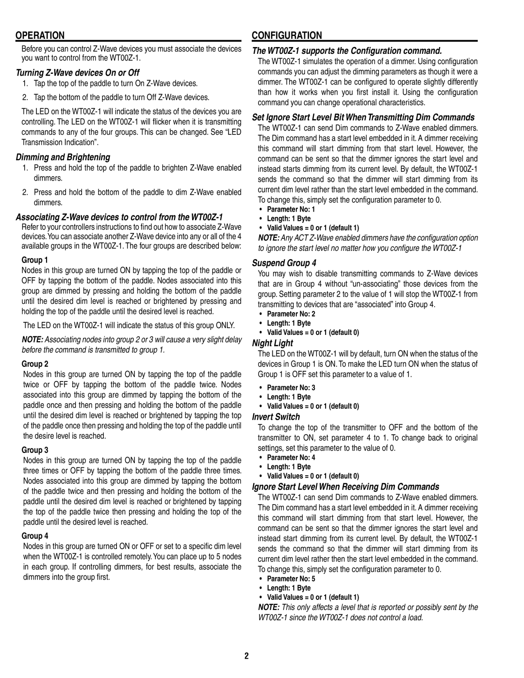 Linear wt00z-1 manual Operation, Configuration 