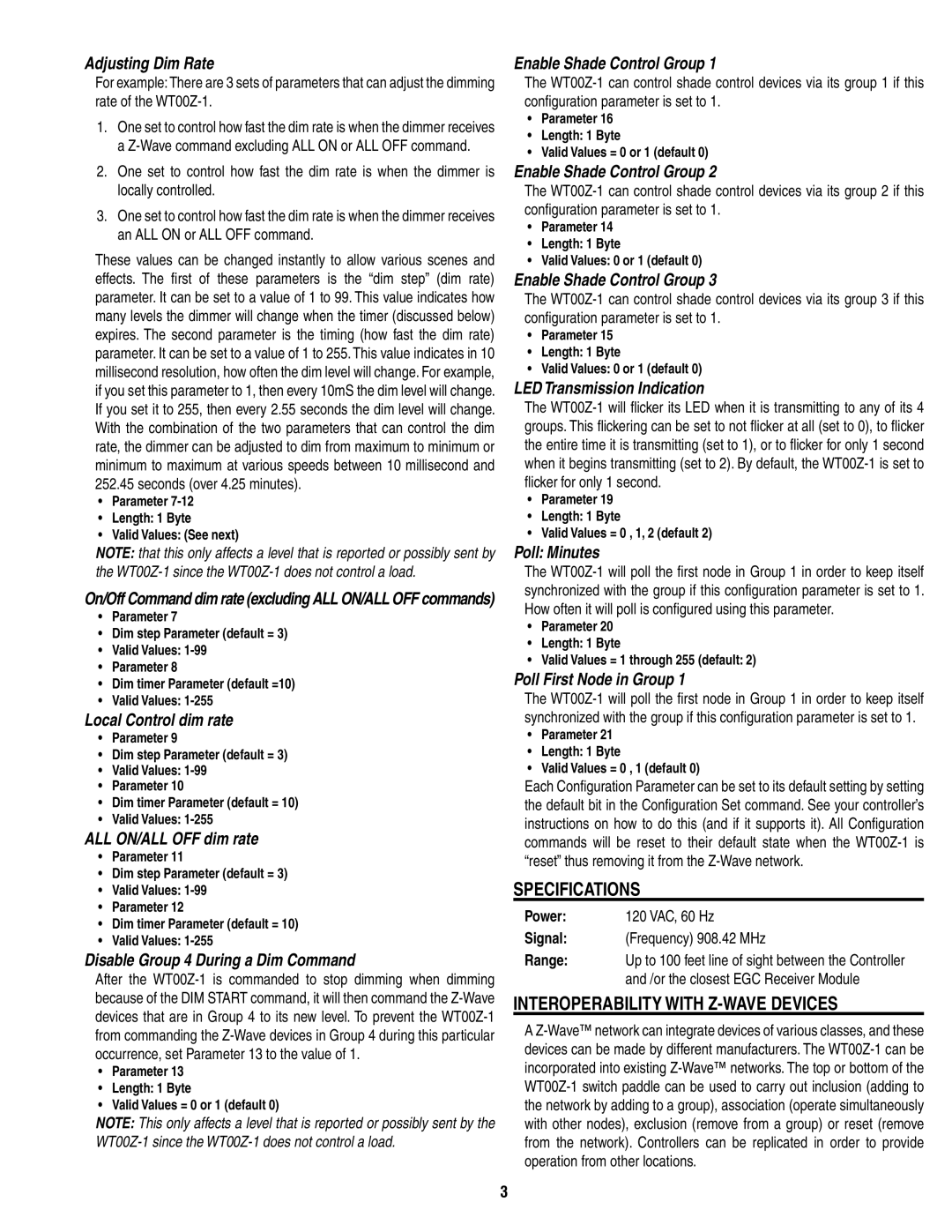 Linear wt00z-1 manual Specifications, Interoperability with Z-WAVE Devices 