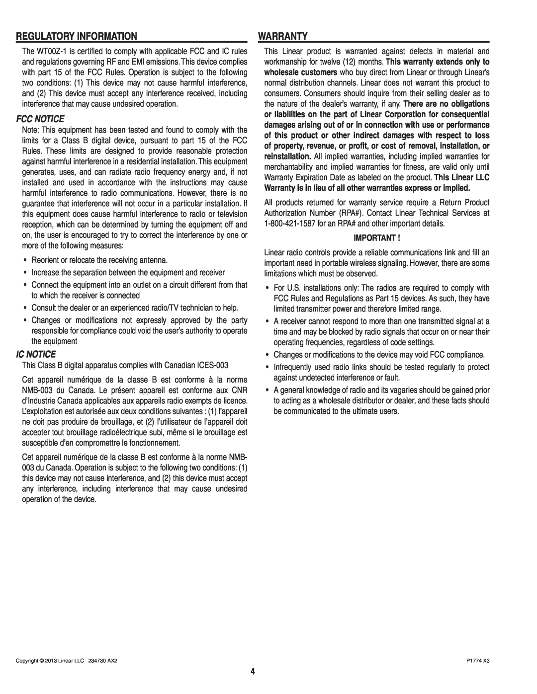 Linear wt00z-1 manual Regulatory Information, Warranty, Fcc Notice, Ic Notice 