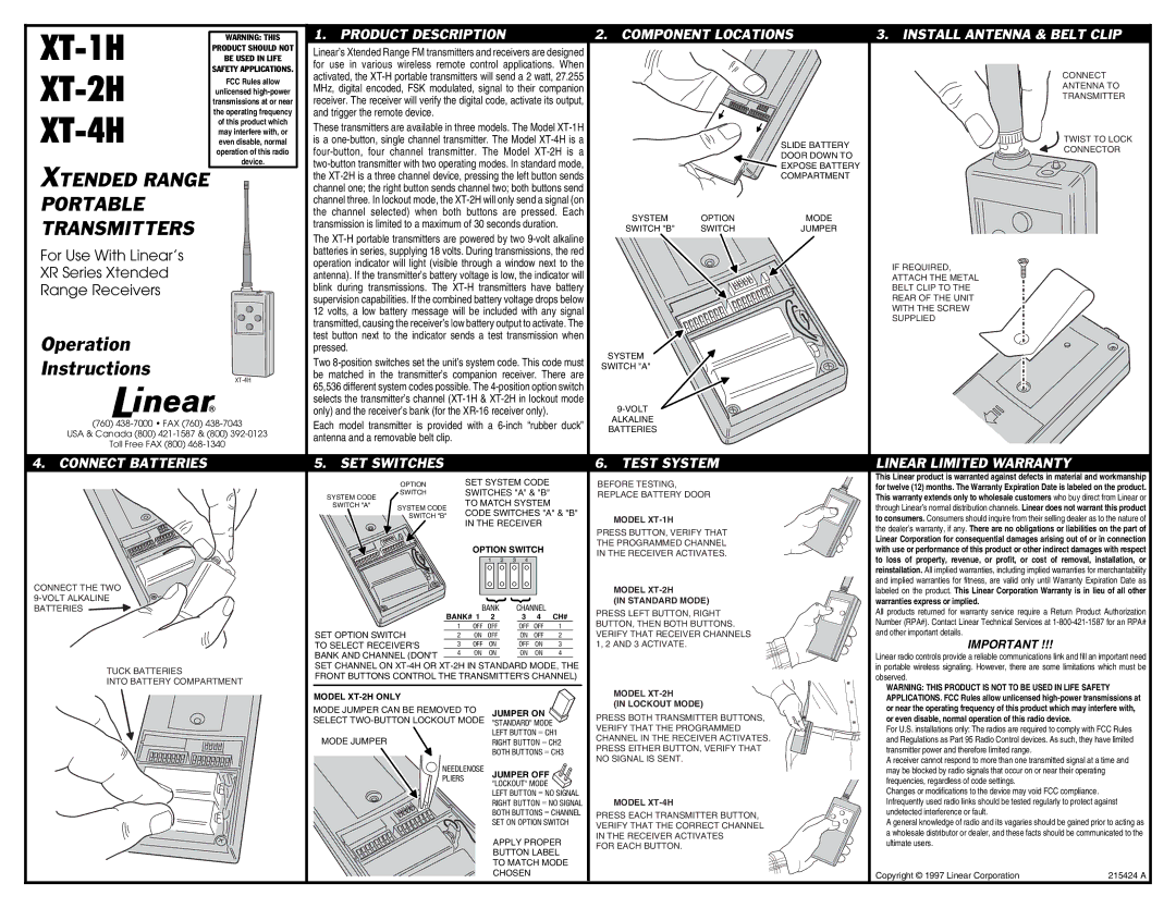 Linear XT-1H, XT-2H, XT-4H warranty Connect Batteries, SET Switches, Test System, Linear Limited Warranty 