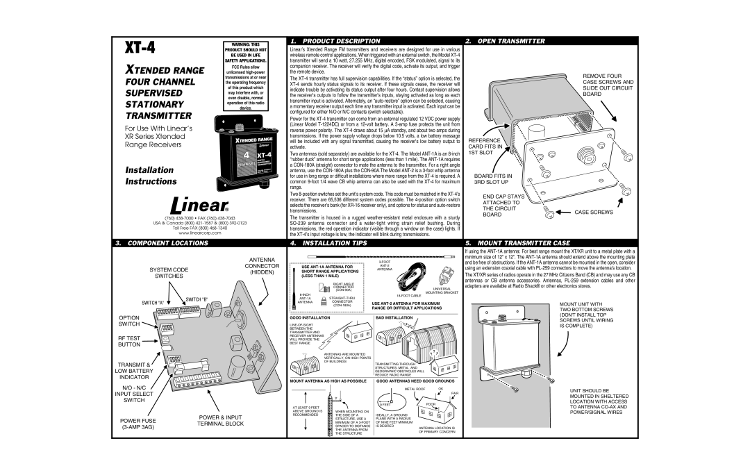 Linear XT-4 installation instructions Antenna Connector System Codehidden Switches, Switch a Switch B 