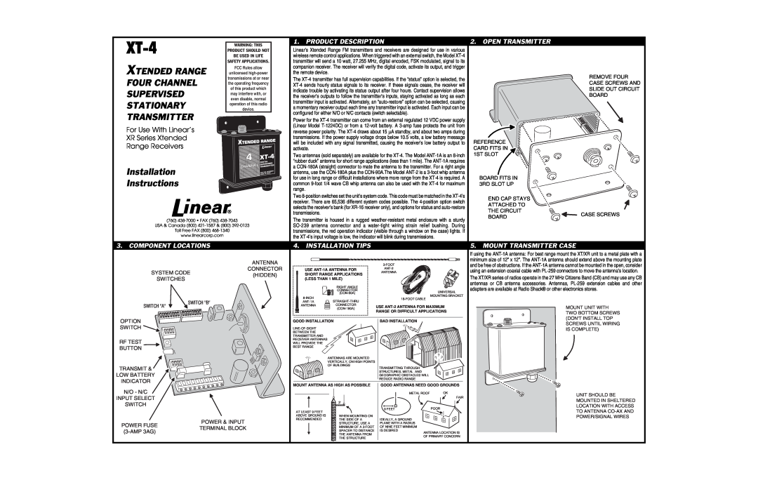 Linear XT-4 installation instructions Product Description, Open Transmitter, Component Locations, Installation Tips 