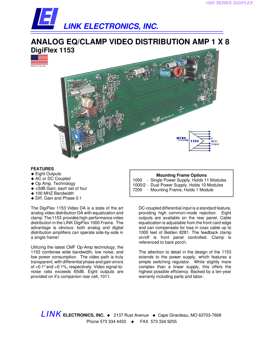 Link electronic 1153 warranty Link ELECTRONICS, INC, Features 