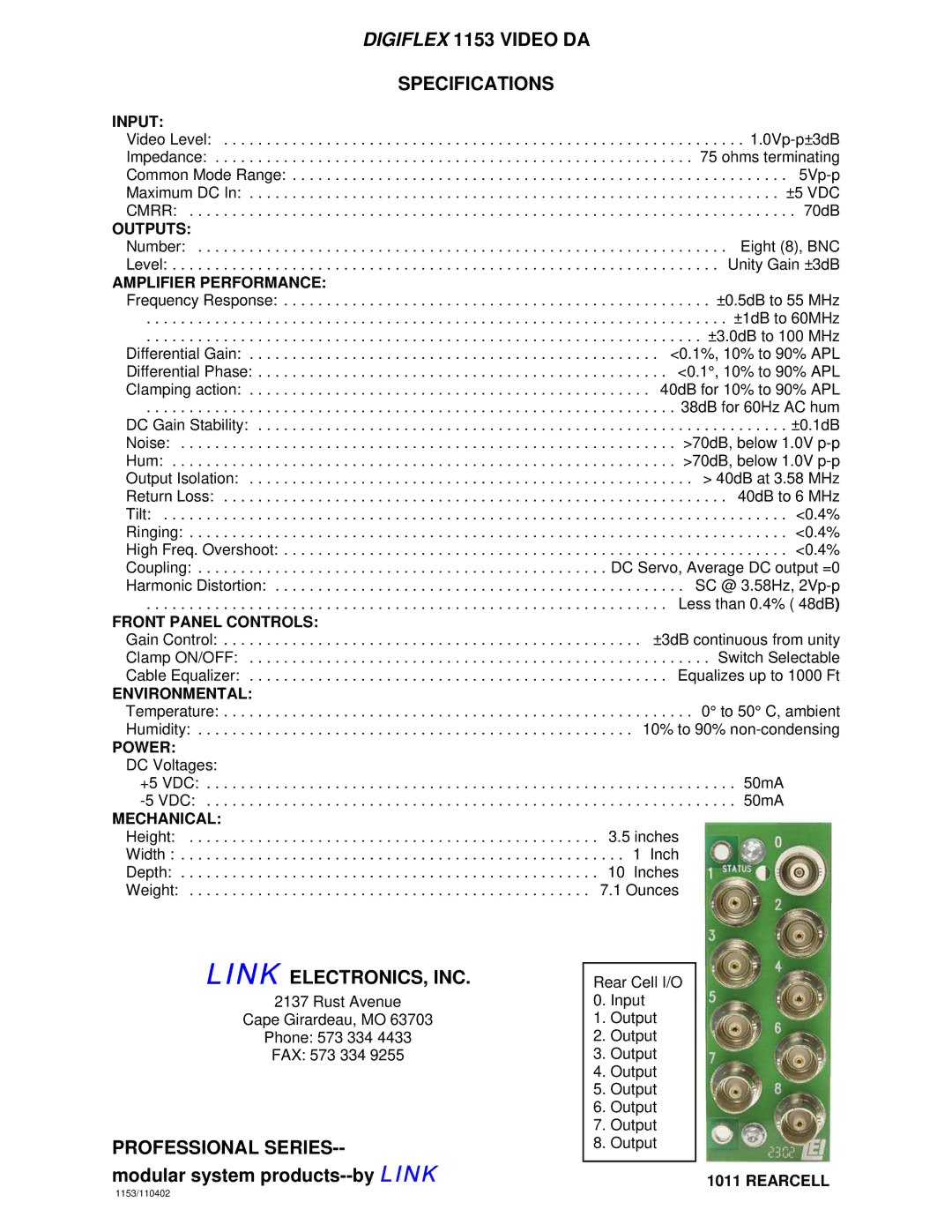 Link electronic 1153 warranty Input, Outputs, Amplifier Performance, Front Panel Controls, Environmental, Power, Mechanical 