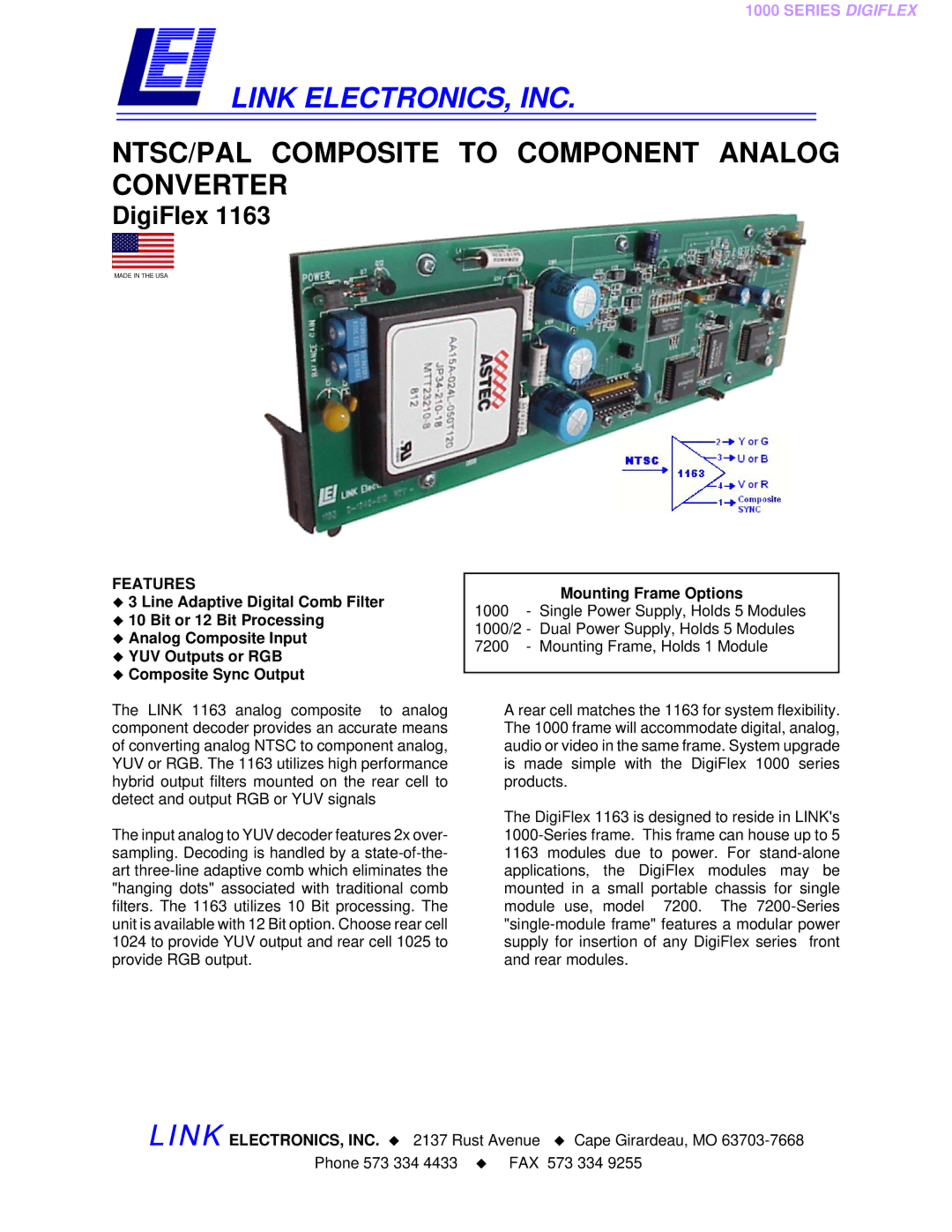 Link electronic 1163 manual Link ELECTRONICS, INC, NTSC/PAL Composite to Component Analog Converter, DigiFlex, Features 