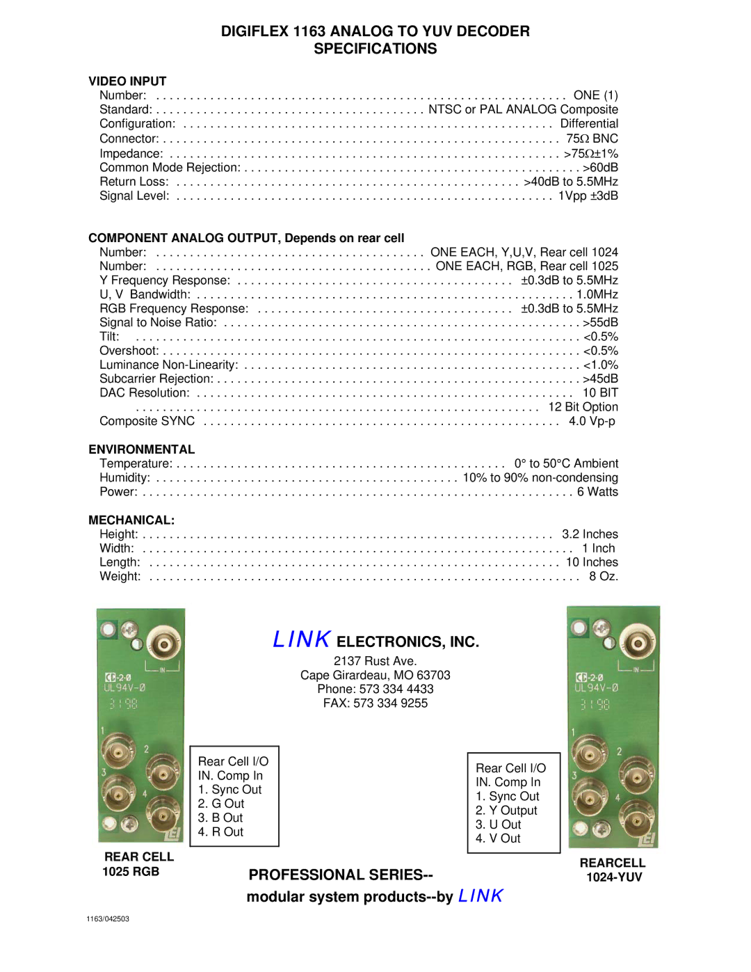 Link electronic manual Digiflex 1163 Analog to YUV Decoder Specifications, Link ELECTRONICS, INC, Professional Series 