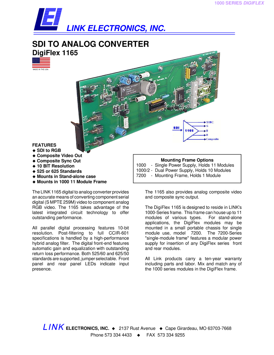 Link electronic 1165 specifications Link ELECTRONICS, INC, SDI to Analog Converter, DigiFlex, Features 