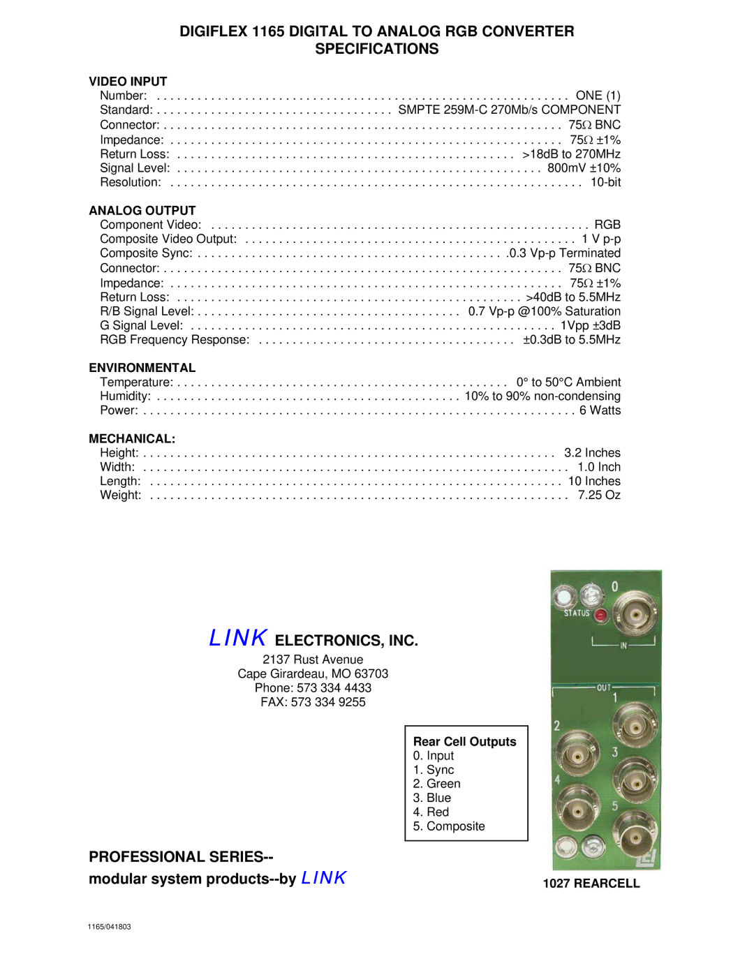 Link electronic 1165 specifications Link ELECTRONICS, INC, Professional Series 