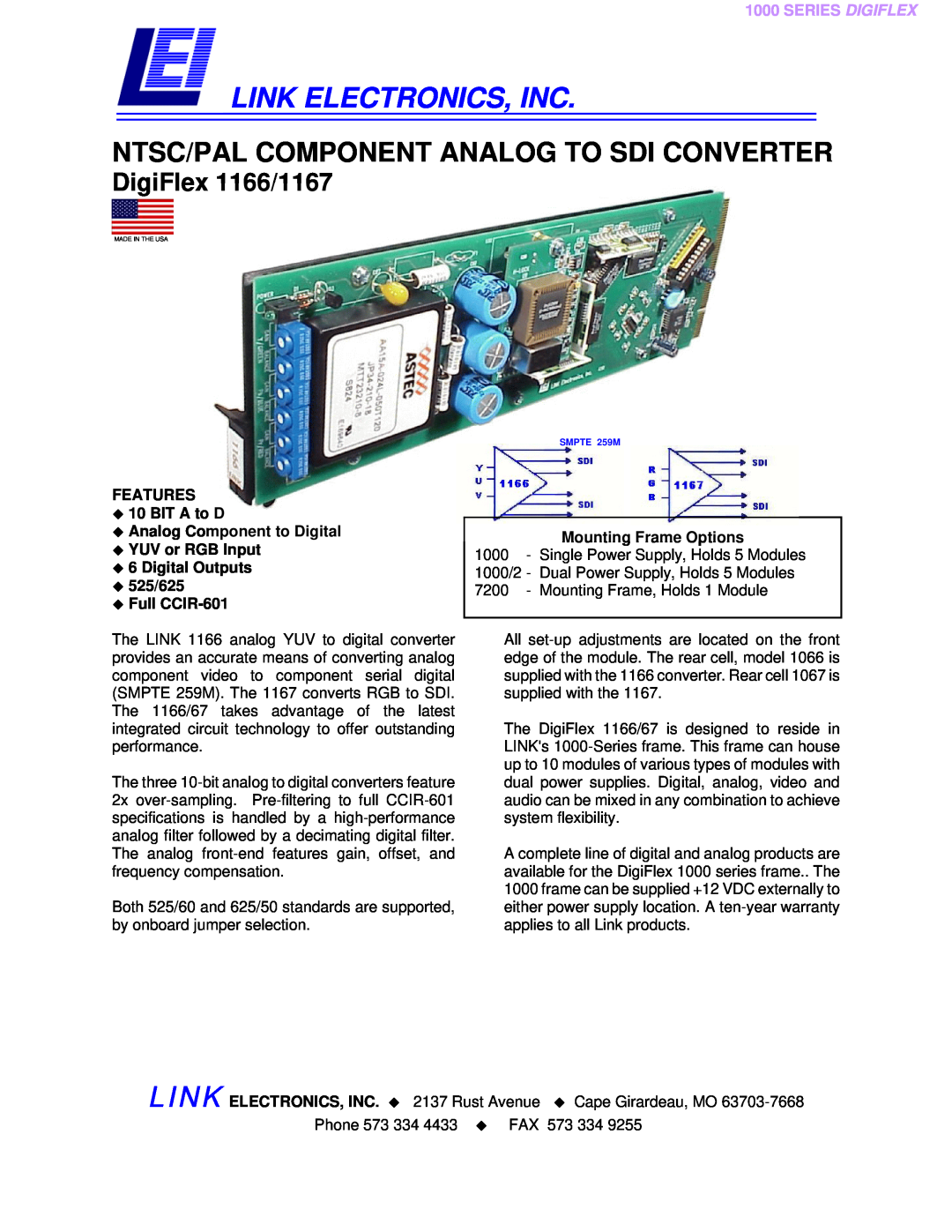 Link electronic specifications Link Electronics, Inc, Ntsc/Pal Component Analog To Sdi Converter, DigiFlex 1166/1167 