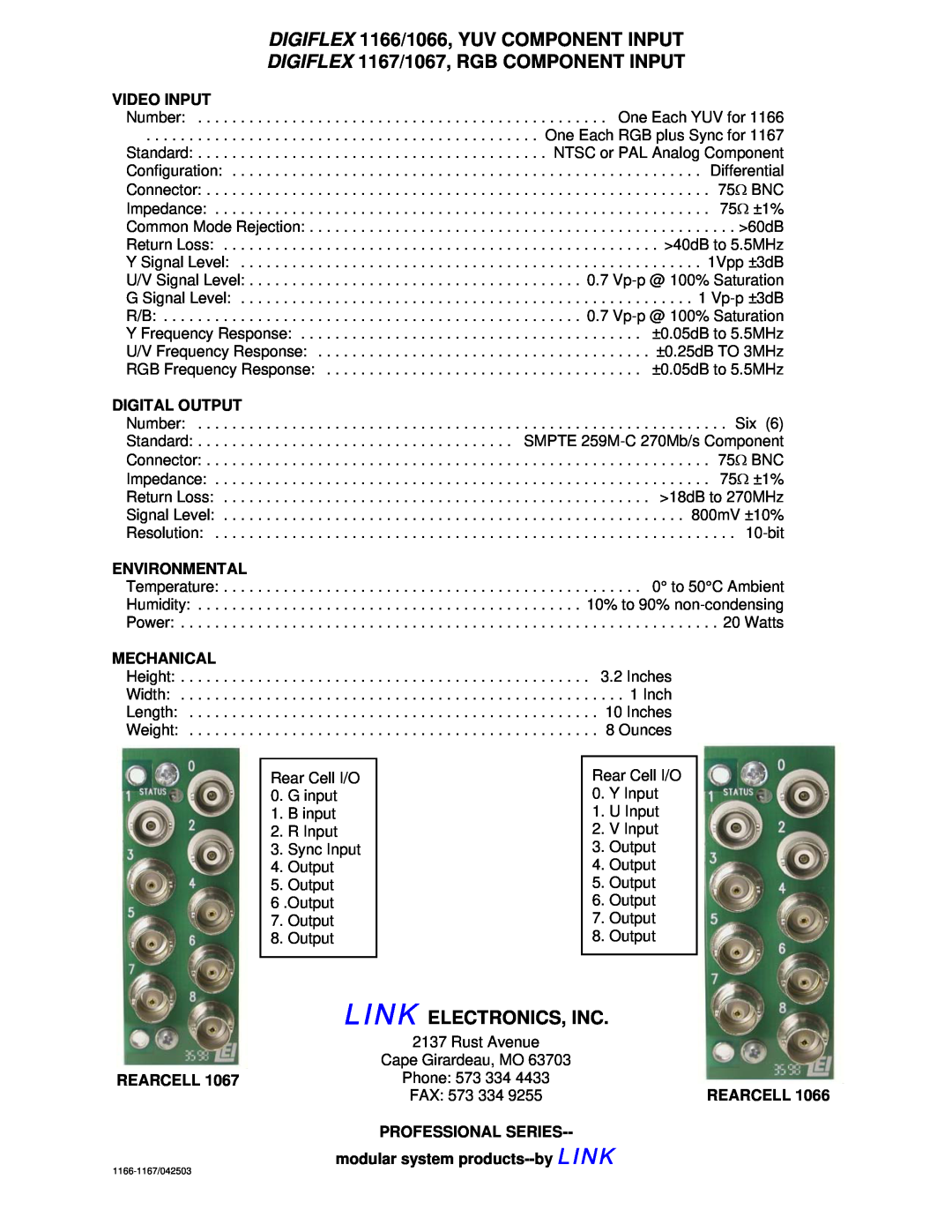 Link electronic DIGIFLEX 1166/1066, YUV COMPONENT INPUT, DIGIFLEX 1167/1067, RGB COMPONENT INPUT, Link Electronics, Inc 