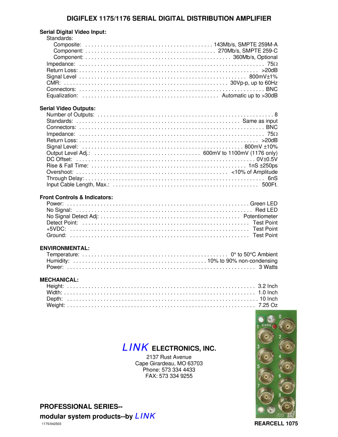 Link electronic Digiflex 1175/1176 Serial Digital Distribution Amplifier, Link ELECTRONICS, INC, Professional Series 