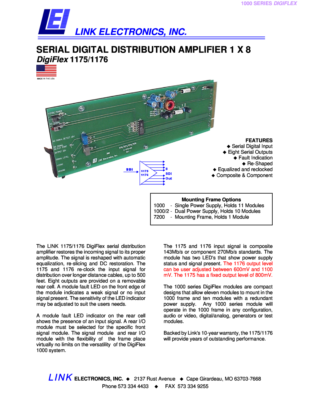 Link electronic 1176, 1175 warranty Mounting Frame Options, Link Electronics, Inc, Serial Digital Distribution Amplifier 