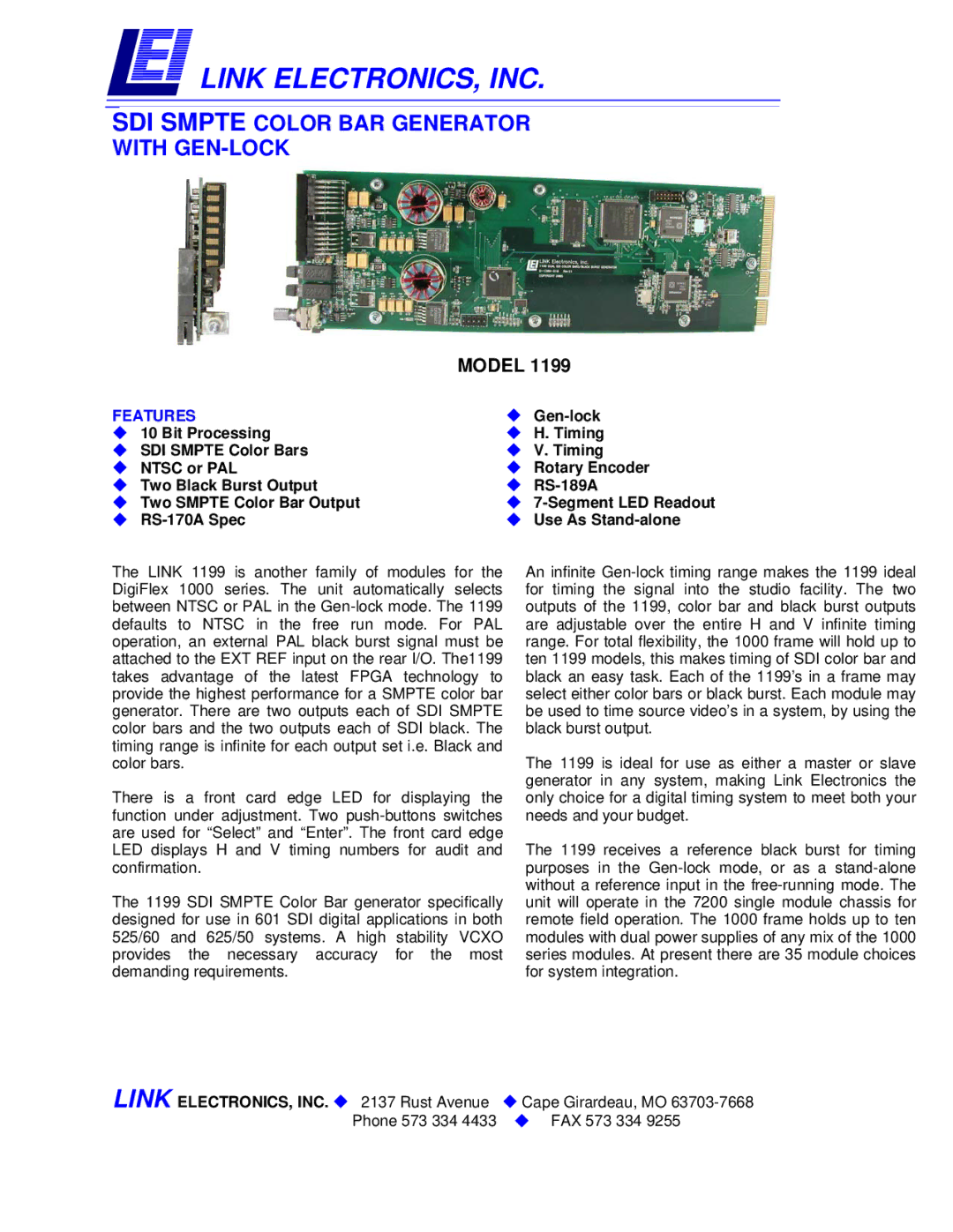 Link electronic 1199 manual Link ELECTRONICS, INC, Features 