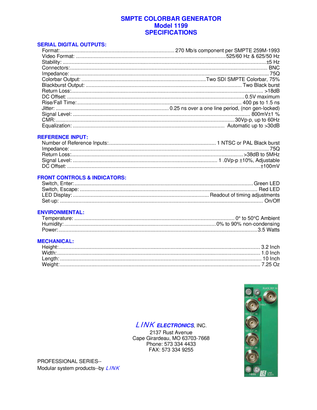 Link electronic 1199 manual Serial Digital Outputs, Reference Input, Front Controls & Indicators, Environmental, Mechanical 