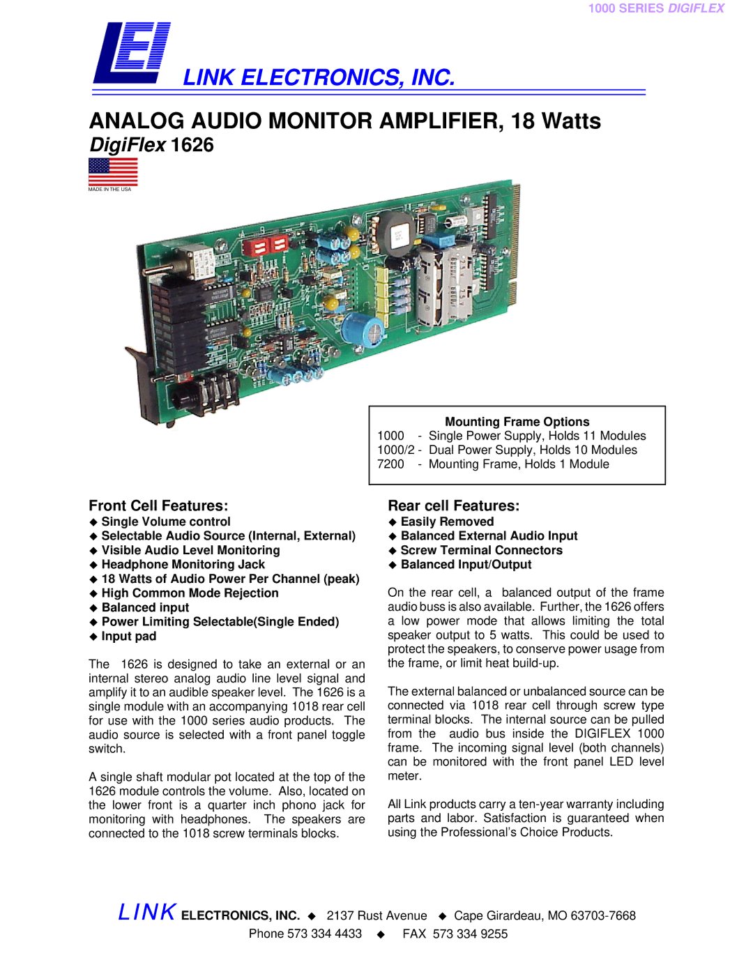 Link electronic 1626 warranty Front Cell Features, Rear cell Features 