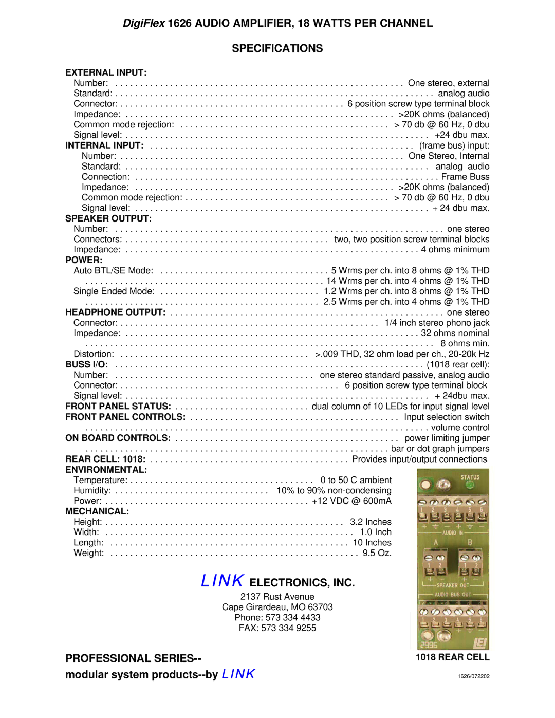 Link electronic warranty DigiFlex 1626 Audio AMPLIFIER, 18 Watts PER Channel, Modular system products--by Link 