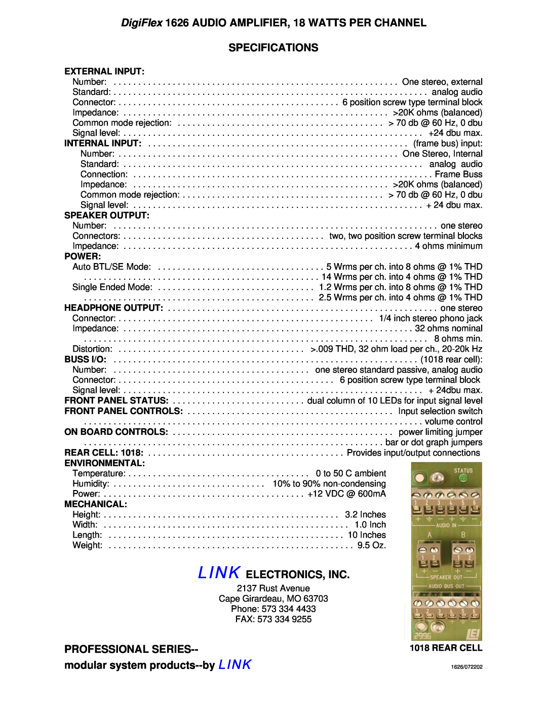 Link electronic 1626 Specifications, Link Electronics, Inc, Professional Series, modular system products--by LINK, Power 