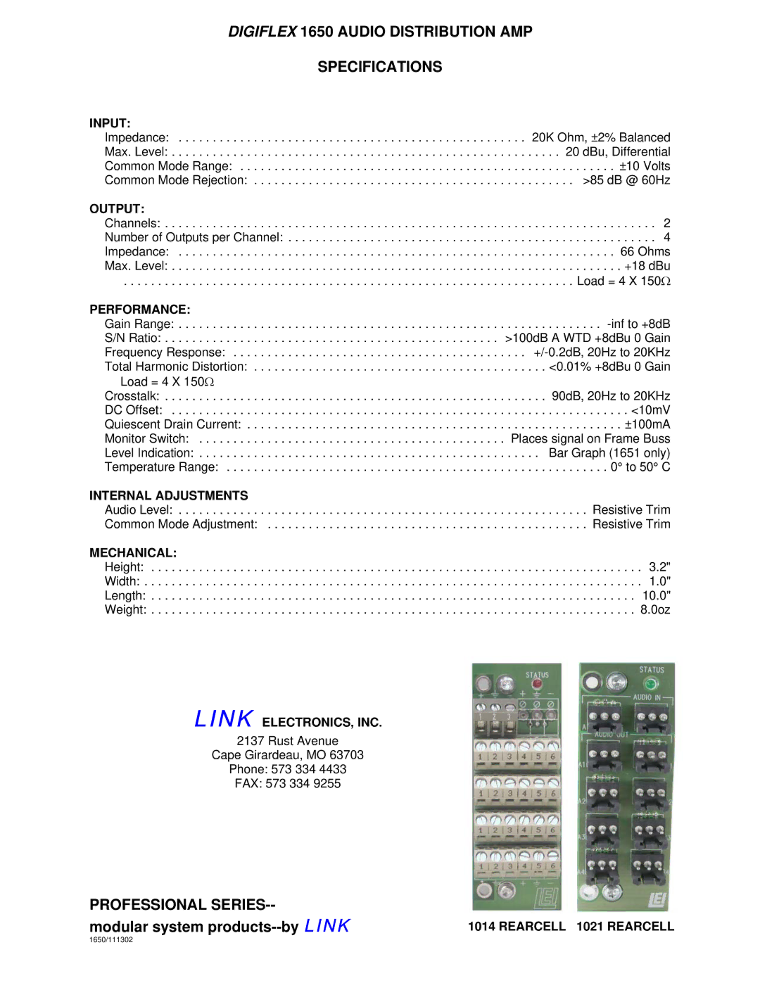 Link electronic 1650 warranty Input, Output, Performance, Internal Adjustments, Mechanical, Link ELECTRONICS, INC 