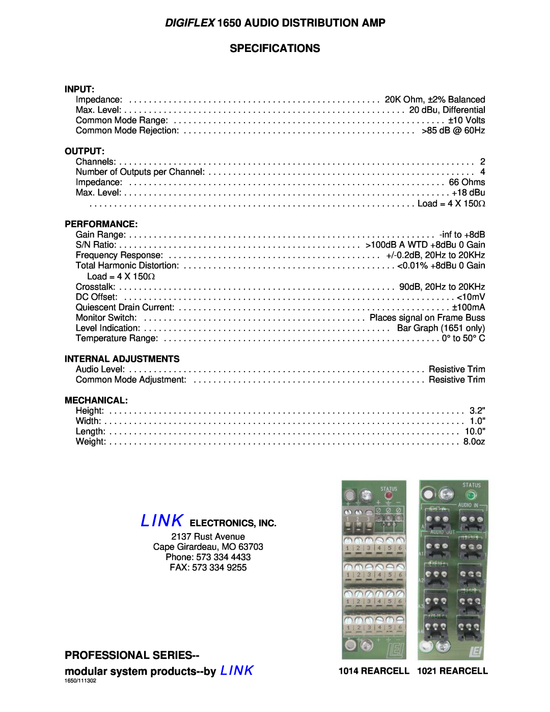 Link electronic 1650 warranty Input, Output, Performance, Internal Adjustments, Mechanical, Link Electronics, Inc 