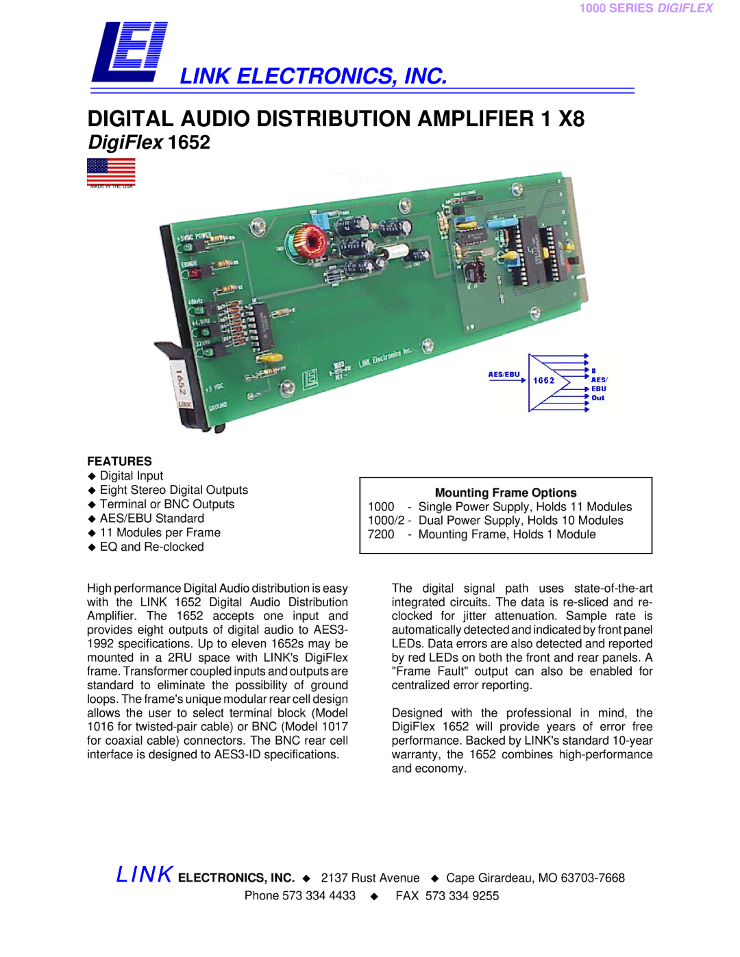 Link electronic 1652 specifications Link ELECTRONICS, INC, Digital Audio Distribution Amplifier 1, DigiFlex, Features 