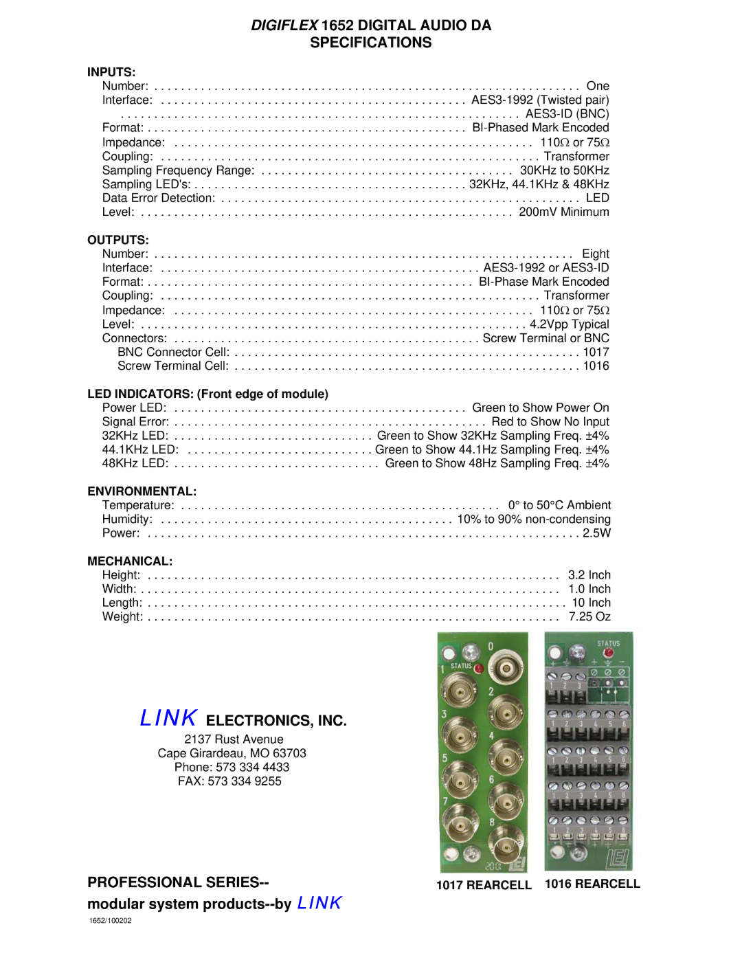 Link electronic specifications Digiflex 1652 Digital Audio DA Specifications, Link ELECTRONICS, INC, Professional Series 