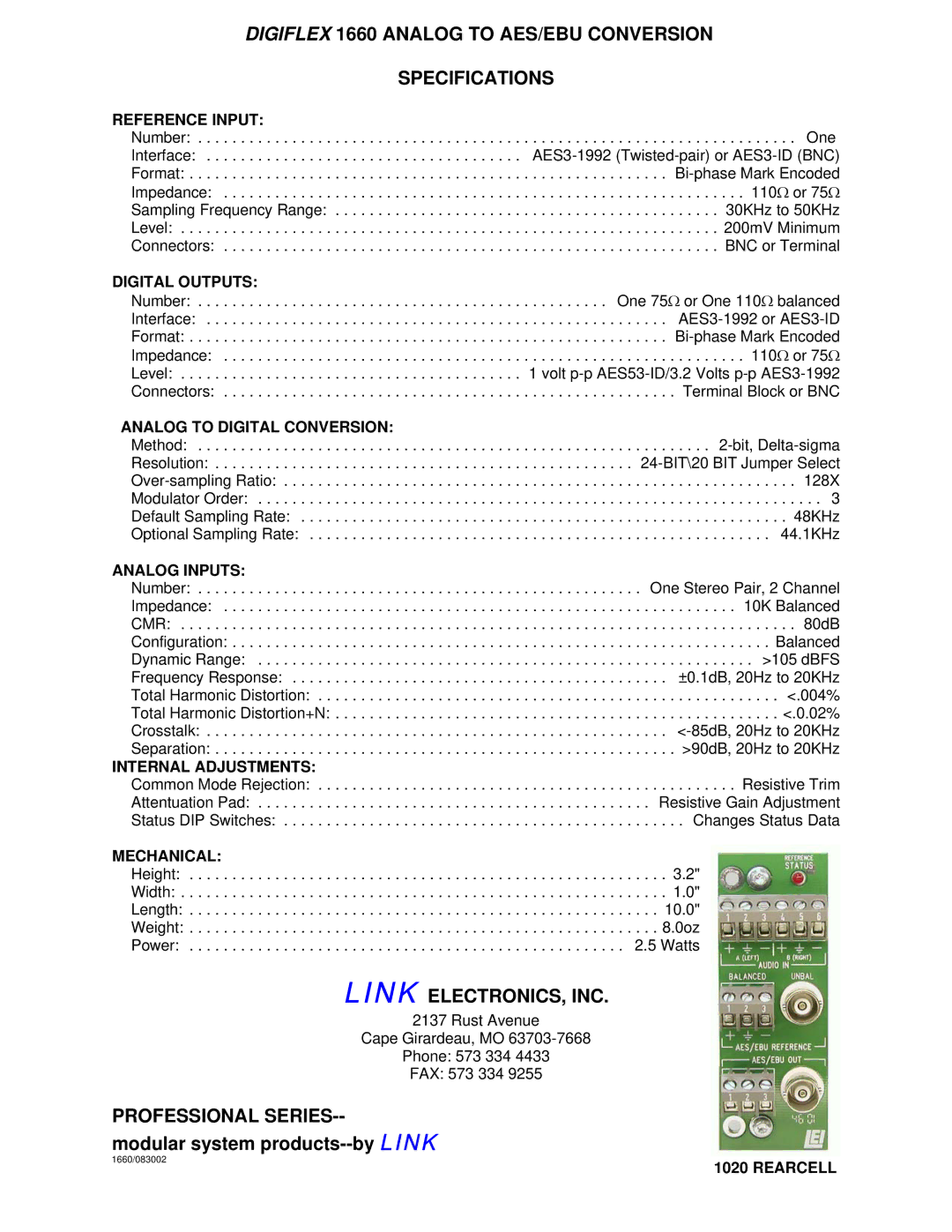 Link electronic 1660 Reference Input, Digital Outputs, Analog to Digital Conversion, Analog Inputs, Internal Adjustments 