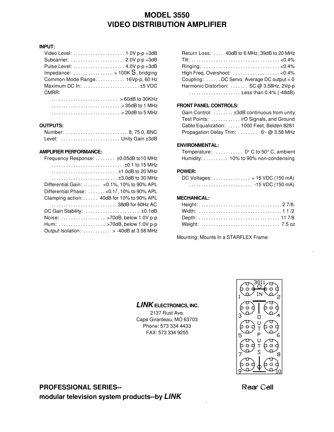 Link electronic 3550 manual Input, Front Panel Controls, Outputs, Environmental Amplifier Performance, Power, Mechanical 