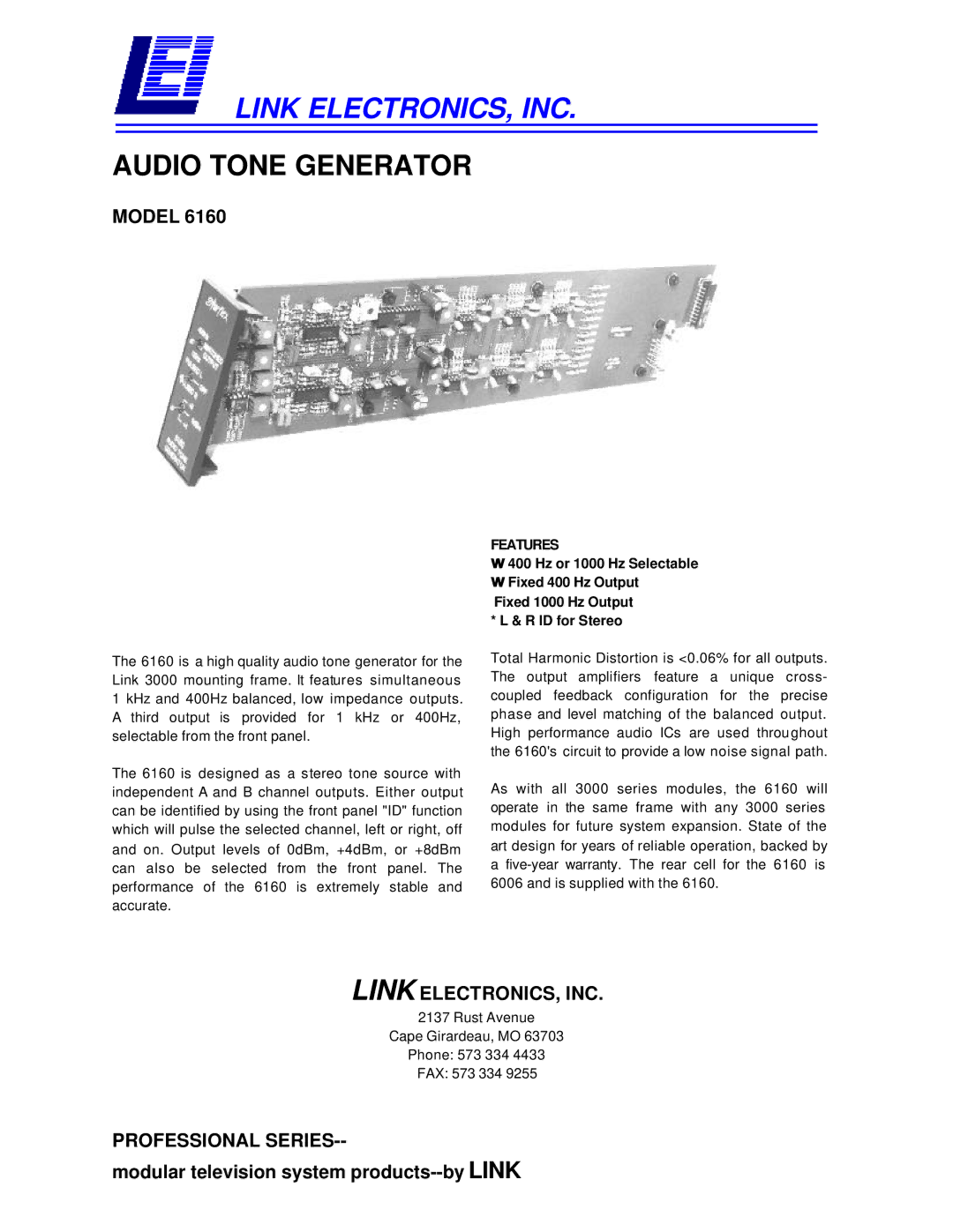 Link electronic 6160 warranty Link ELECTRONICS, INC, Audio Tone Generator, Professional Series 