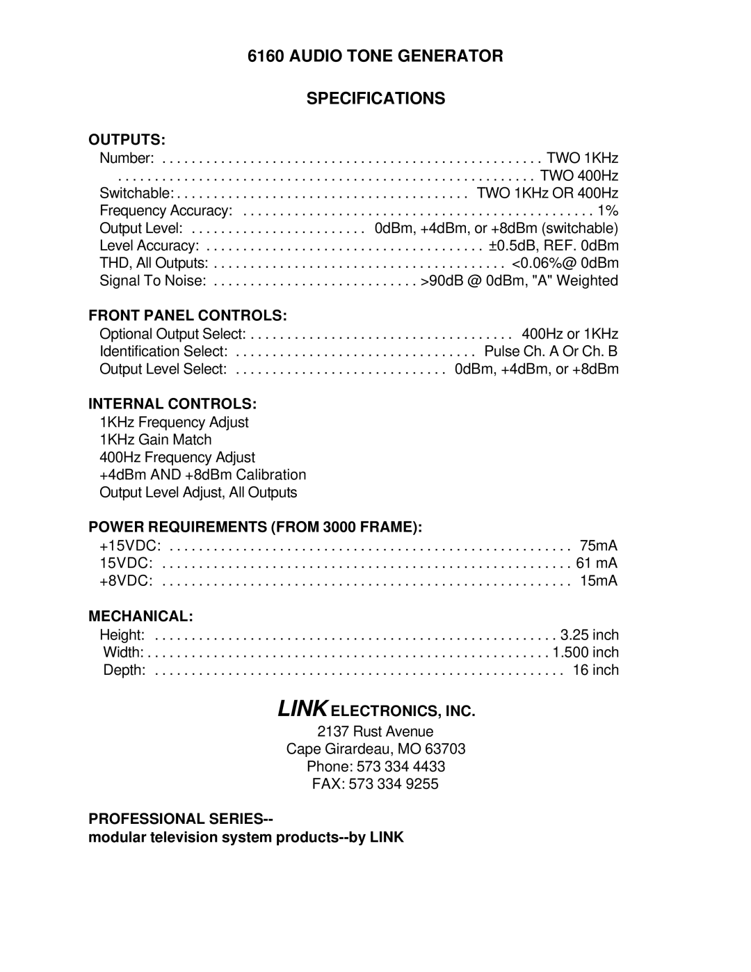 Link electronic 6160 warranty Audio Tone Generator Specifications 