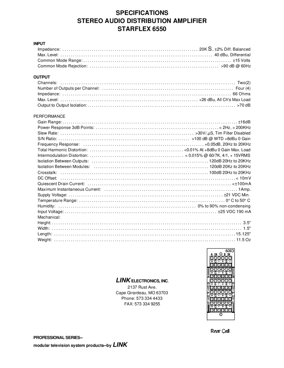 Link electronic 6550 manual Specifications Stereo Audio Distribution Amplifier Starflex, Input, Output, Performance 