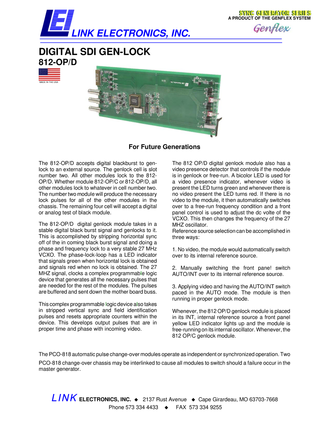 Link electronic 812-OP/D manual Link ELECTRONICS, INC, Digital SDI GEN-LOCK, For Future Generations 