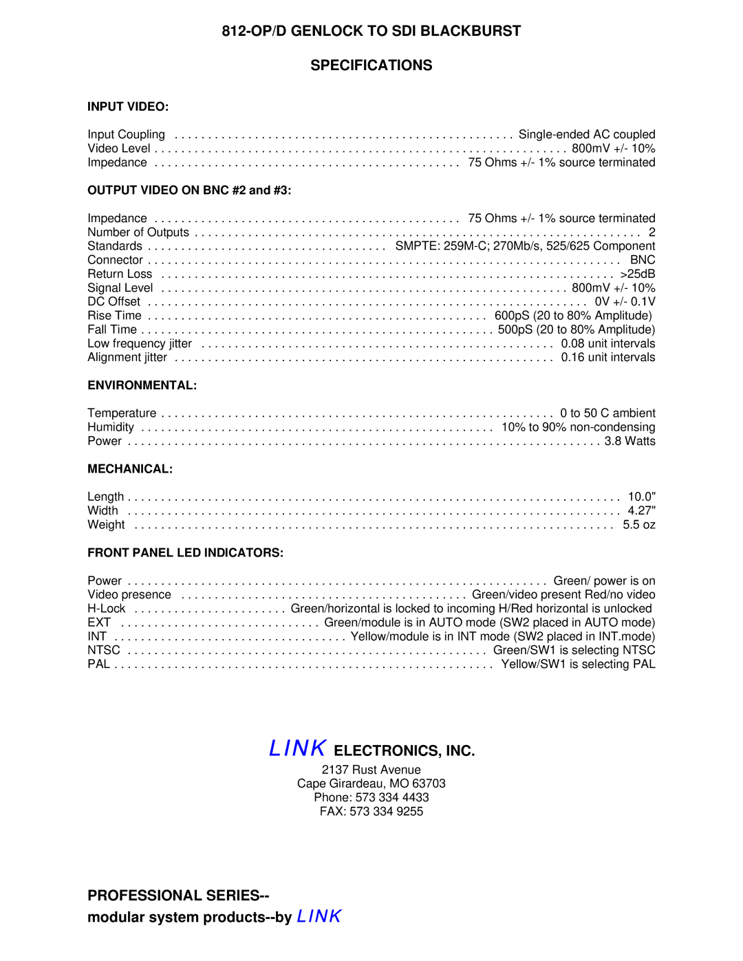 Link electronic manual 812-OP/D Genlock to SDI Blackburst, Specifications, Link ELECTRONICS, INC, Professional Series 