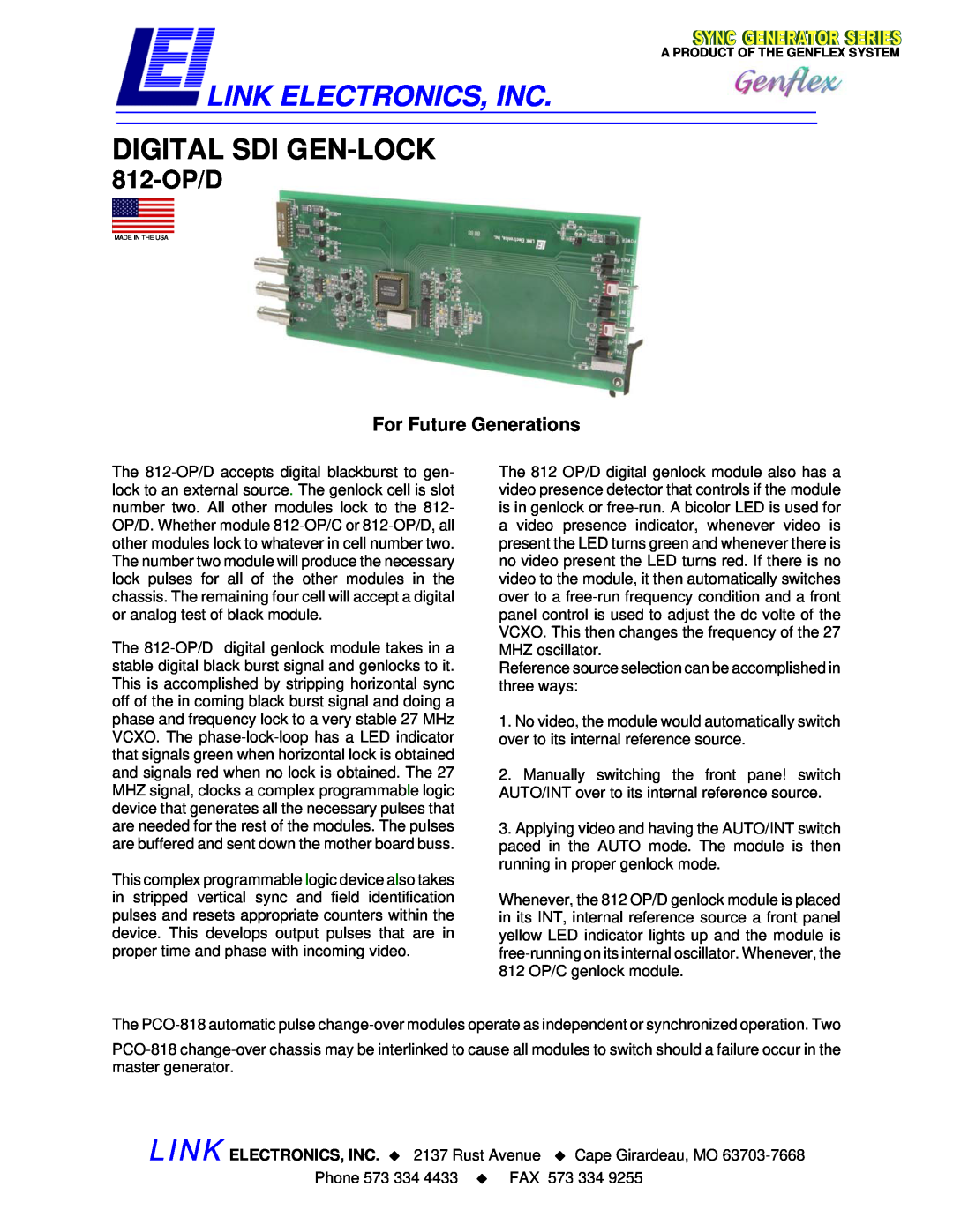 Link electronic 812-OP/D manual For Future Generations, Link Electronics, Inc, Digital Sdi Gen-Lock 