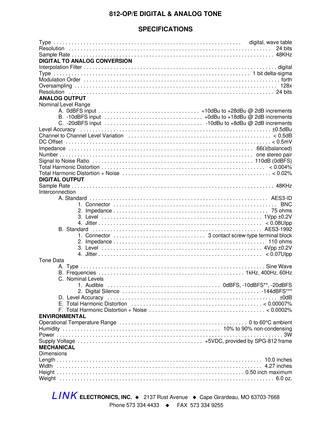 Link electronic 812-OP/E manual Digital to Analog Conversion, Analog Output, Digital Output, Environmental, Mechanical 